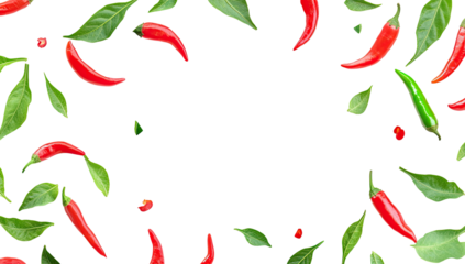 Red chili peppers and green leaves scattered