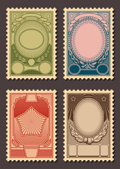 Retro Propaganda Postage Stamps. Decorative Linocut Backgrounds, Vector Templates for Propaganda Posters, Covers, Illustrations