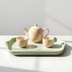 Fototapeta premium A teapot and two cups symmetrically placed on a muted green tray.