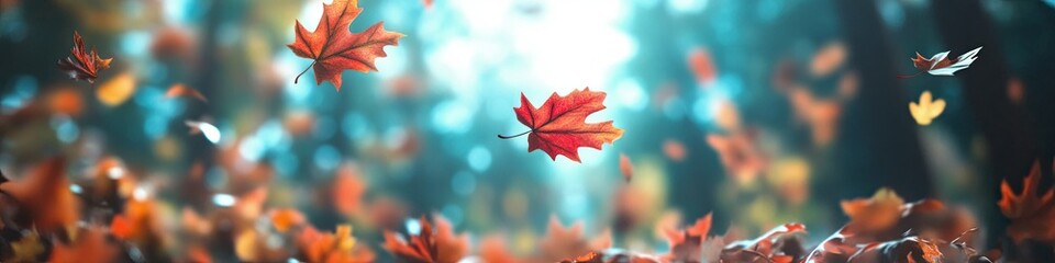 Autumn background with flying, colorful leaves in a forest