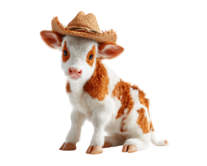 Cute baby cow wearing straw hat, sitting in playful pose. This adorable animal features mix of white and brown fur, making it charming addition to any farm themed design