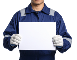 A person wearing a blue work uniform and white gloves holds a blank white rectangular sign, centered at chest height.
