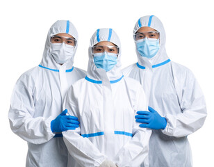 Three medical professionals wearing full protective suits, masks, gloves, and goggles, standing close together and looking at the camera.