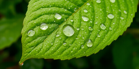 Close-up of a vibrant green leaf covered in crystal-clear water droplets after rainfall, highlighting natural texture, freshness, and the purity of plant life in a lush forest environment