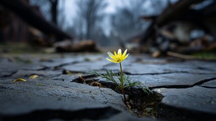 A single flower blooming through cracked pavement, with remnants of storm debris in the background.