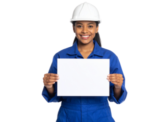 A smiling female construction worker in a blue jumpsuit and white hard hat holds a blank white sign in front of her.