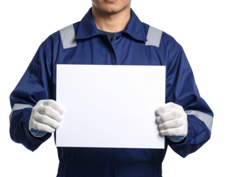 A person wearing a blue work uniform and white gloves holds a blank white rectangular sign, centered at chest height. - Powered by Adobe