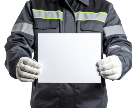 A person wearing a dark work jacket with reflective stripes holds a blank white sheet horizontally at chest height.