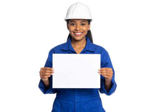 A smiling female construction worker in a blue jumpsuit and white hard hat holds a blank white sign in front of her.