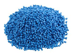 A pile of small, cylindrical blue plastic pellets grouped together, commonly used as raw material in manufacturing processes.