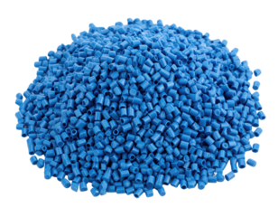 A pile of small, cylindrical blue plastic pellets grouped together, commonly used as raw material in manufacturing processes.