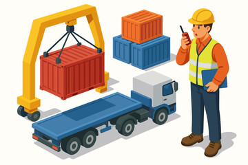 Isometric logistics concept with foreman supervising container loading. Gantry crane lifts cargo onto a truck. Supply chain management, freight transportation, and shipping industry vector.