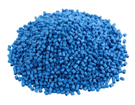 A pile of small, cylindrical blue plastic pellets grouped together, commonly used as raw material in manufacturing processes.