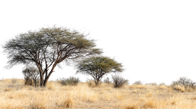 landscape with acacia trees and dry vegetation  isolated on white background