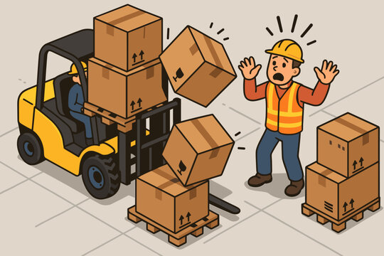 Warehouse accident concept. Overloaded forklift with falling boxes. Workplace safety hazard. Worker in danger. Risk of injury. Occupational health and safety vector illustration.