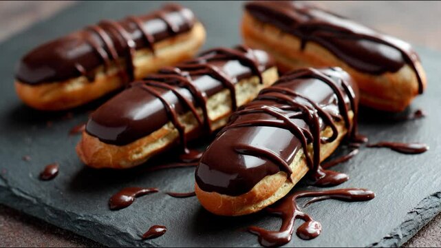 Delicious chocolate eclairs arranged on a slate serving plate.