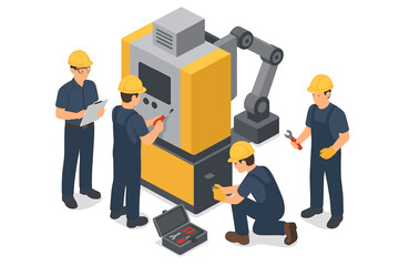 Isometric industrial maintenance concept with engineer team. Workers repairing factory production line machine with robotic arm. Technical service, manufacturing and automation.