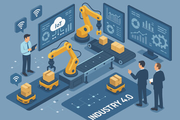 Industry 4.0 smart factory automation isometric vector concept. Robotic arm, conveyor belt, IoT technology and autonomous robots in a modern manufacturing plant and warehouse.