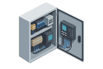 Isometric electrical control cabinet. Industrial power panel with PLC controller, relays, and switchboard for smart factory automation. Concept of industry 4.0 technology.
