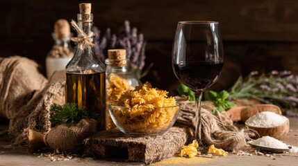 Rustic Italian Dining Experience: Pasta, Wine, and Olive Oil on a Charming Wooden Table