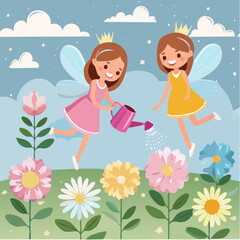 Fototapeta premium Mini fairies watering flowers 