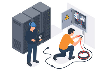 Data center maintenance and setup isometric concept. IT administrator with laptop configuring server rack. Electrician testing wiring in electrical panel. Network infrastructure support.
