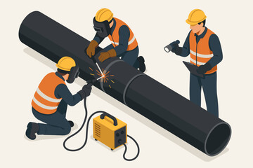 Industrial welders constructing an oil or gas pipeline. A team of workers in protective gear joining metal pipes while a supervisor performs quality control inspection.