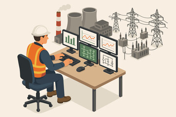 Engineer in control room monitoring power plant and electricity grid. Isometric concept of energy industry, operator at computer, nuclear station, and substation infrastructure.