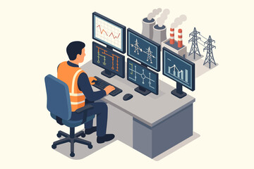 Power plant control room operator monitoring energy production. Engineer analyzing electrical grid data on screens. Industrial technology and power generation isometric concept vector.