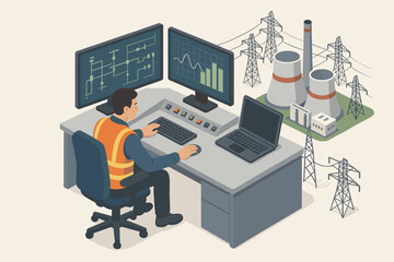 Isometric vector illustration of an engineer in a power plant control room. Operator monitors electricity grid data on computer screens. Energy industry and technology concept.