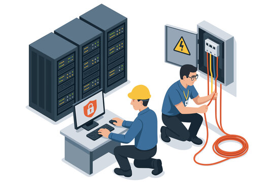 IT technicians working in a server room. Administrator managing network cybersecurity on a computer and electrician installing wiring in an electrical panel. Data center maintenance.