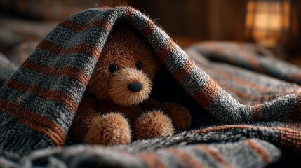 A teddy bear under a rescue blanket, symbolizing comfort during chaos.