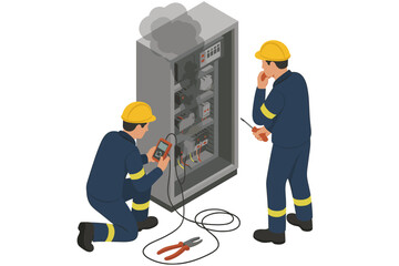Electricians repair a smoking electrical cabinet. Industrial maintenance team troubleshoot burnt PLC control panel. Engineers fix equipment after short circuit. Safety concept. Isometric.