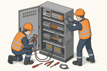 Electricians fixing a smoking electrical cabinet. Technicians troubleshooting a short circuit in a PLC control panel. Industrial maintenance, repair service, and teamwork vector concept.