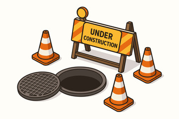 Under construction concept with open sewer manhole and traffic safety cones. Road work zone isometric vector. Street repair and maintenance. Hazard warning barrier sign illustration.