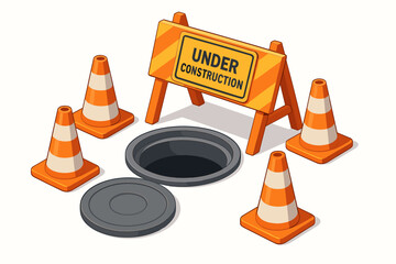 Under construction zone with an open manhole, traffic cones, and a safety barrier sign. Isometric vector illustration of road work, repair, and maintenance. Danger concept isolated.