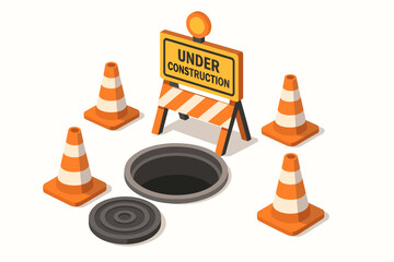 Under construction concept with open manhole, safety cones, and barrier sign. Isometric vector illustration for road work, street repair, urban maintenance, and hazard warning.