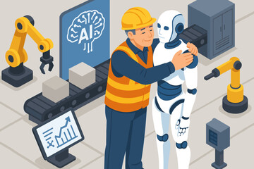 Human worker and AI robot collaboration in a smart factory. Concept of synergy between man and machine. Automation, Industry 4.0, future of manufacturing and technology.