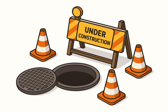 Under construction concept with open sewer manhole and traffic safety cones. Road work zone isometric vector. Street repair and maintenance. Hazard warning barrier sign illustration.
