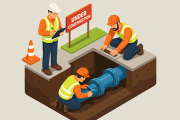 Underground pipe construction and repair isometric vector concept. Workers and engineer team installing or maintaining a water main or gas pipeline. Infrastructure development.