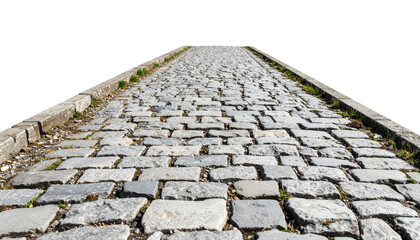 A cobblestone pathway stretches upward, bordered by concrete edges, with small patches of grass between stones against a black background.