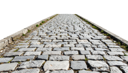 A cobblestone pathway stretches upward, bordered by concrete edges, with small patches of grass between stones against a black background.