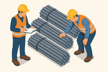 Construction quality control concept with two workers inspecting steel rebar. Isometric vector of engineer with clipboard checking building materials. Reinforcement bars inventory.