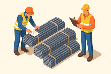 Isometric illustration of construction workers doing quality control inspection on rebar. Engineer with clipboard checking steel reinforcement. Building materials and logistics concept.