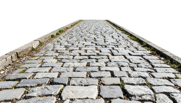 A cobblestone pathway stretches upward, bordered by concrete edges, with small patches of grass between stones against a black background.