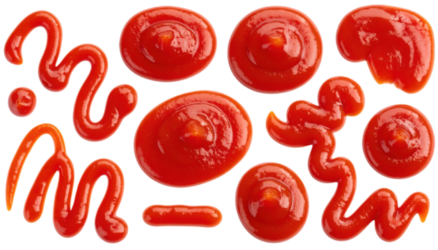 Various shapes and blobs of rich, red ketchup arranged in a scattered pattern.