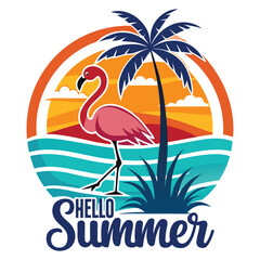 Naklejka premium Tropical island beach illustration with palm trees bird and summer sun