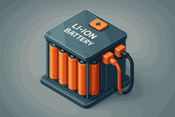Li-ion battery pack isometric vector icon. High voltage energy storage system for electric vehicle. Rechargeable power source module with lithium cells. Modern technology graphic.