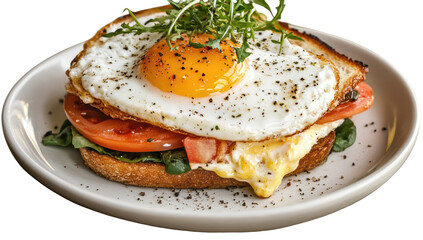 Savory open-faced sandwich with fried egg, tomato, and cheese