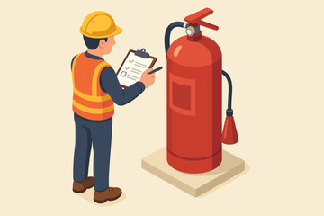 Fire safety inspection concept. Engineer inspecting fire extinguisher equipment. Worker in hard hat with clipboard and checklist. Industrial safety, maintenance and protection. Isometric vector.